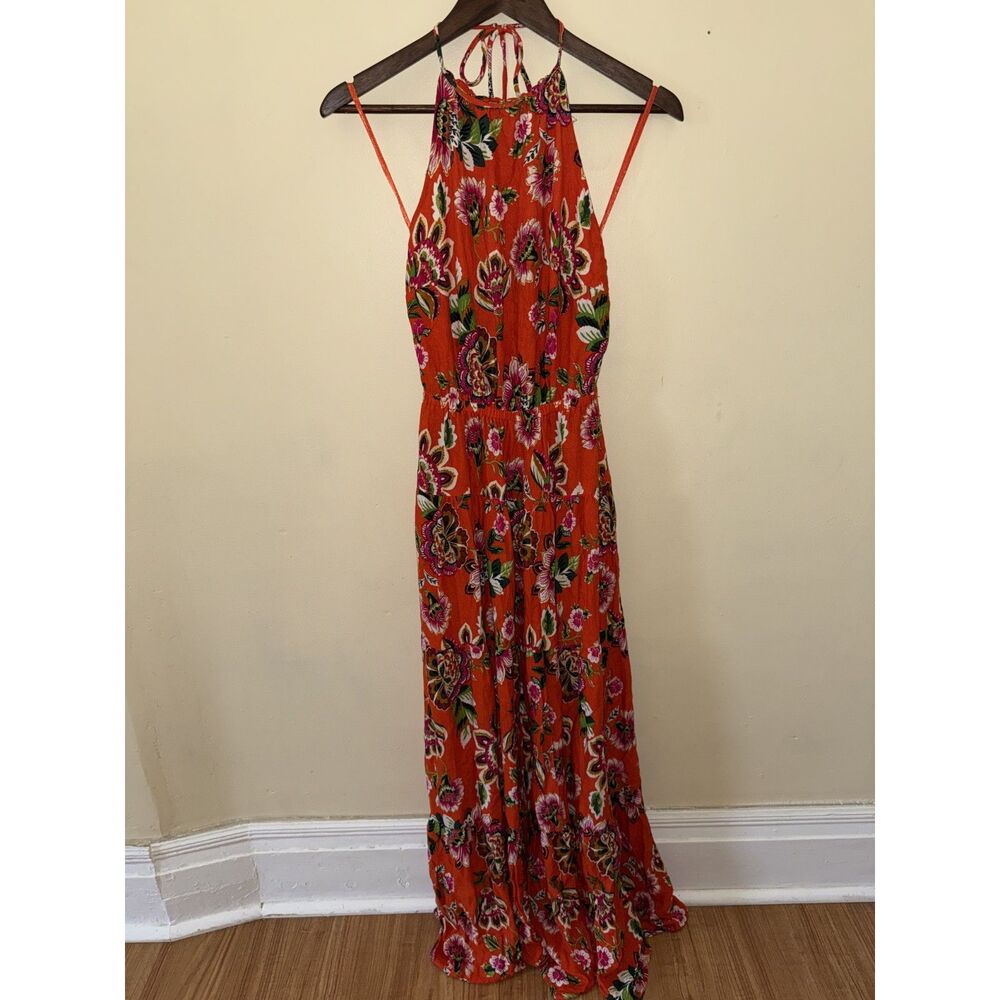 New York & Company Floral Halter Maxi Dress Size S Orange Tropical Tiered